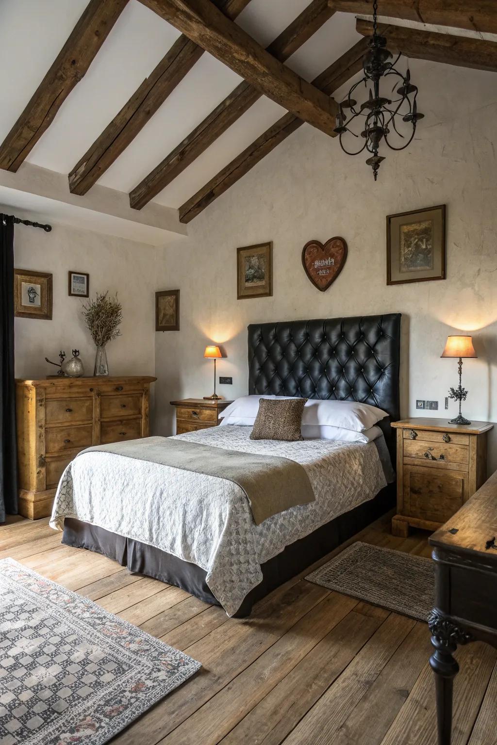 Inviting bedroom featuring rustic charm and a dark headboard