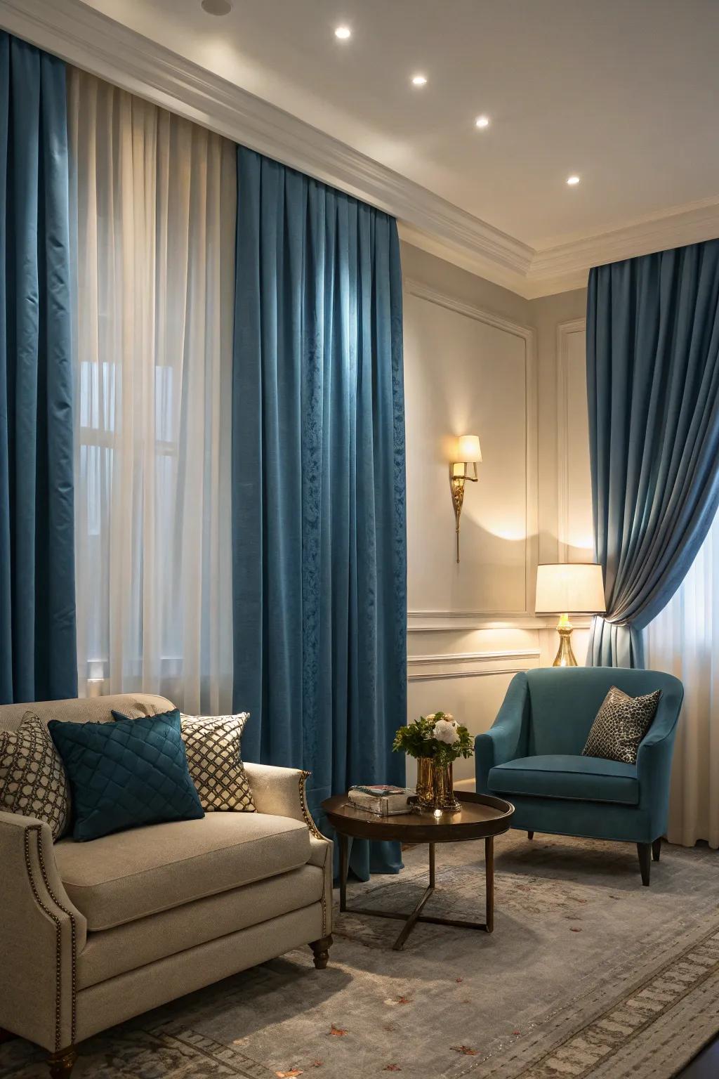 Blue drapes add drama and elegance to this tastefully decorated living room.
