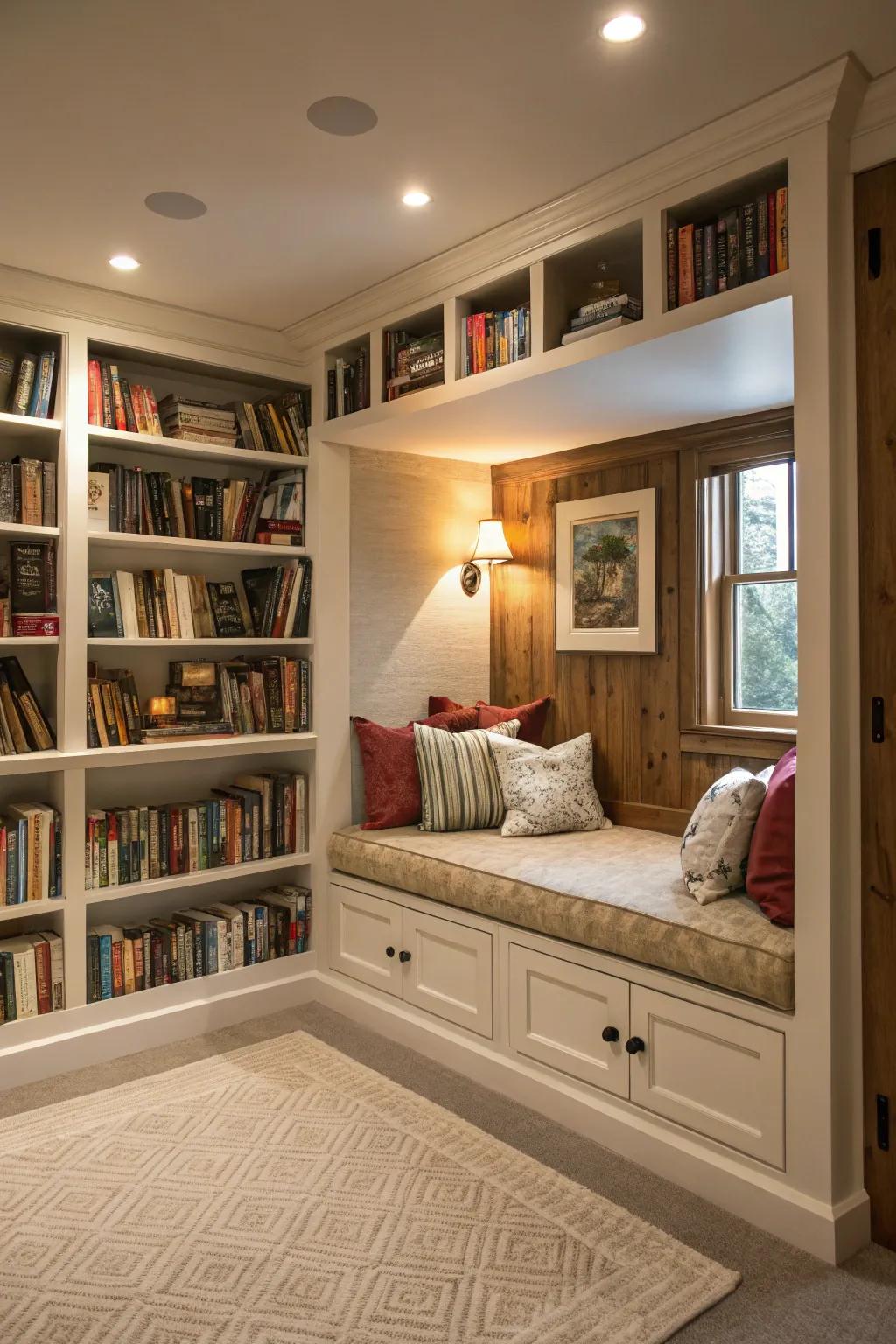 A welcoming reading nook featuring integrated seating and shelves.
