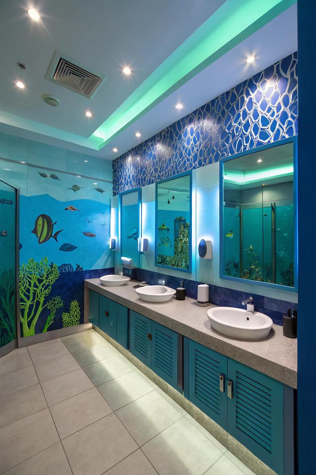 Aquatic inspired illumination cultivates a serene atmosphere within a boys' bathroom.