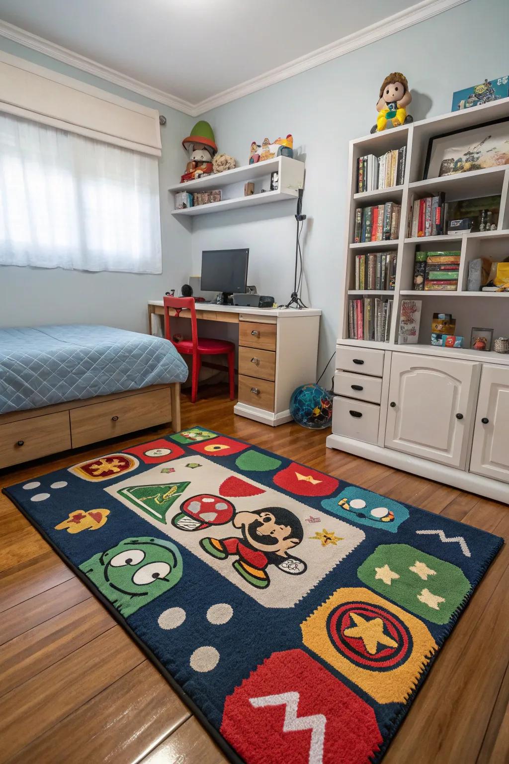 A gaming-themed floor covering improves the look.