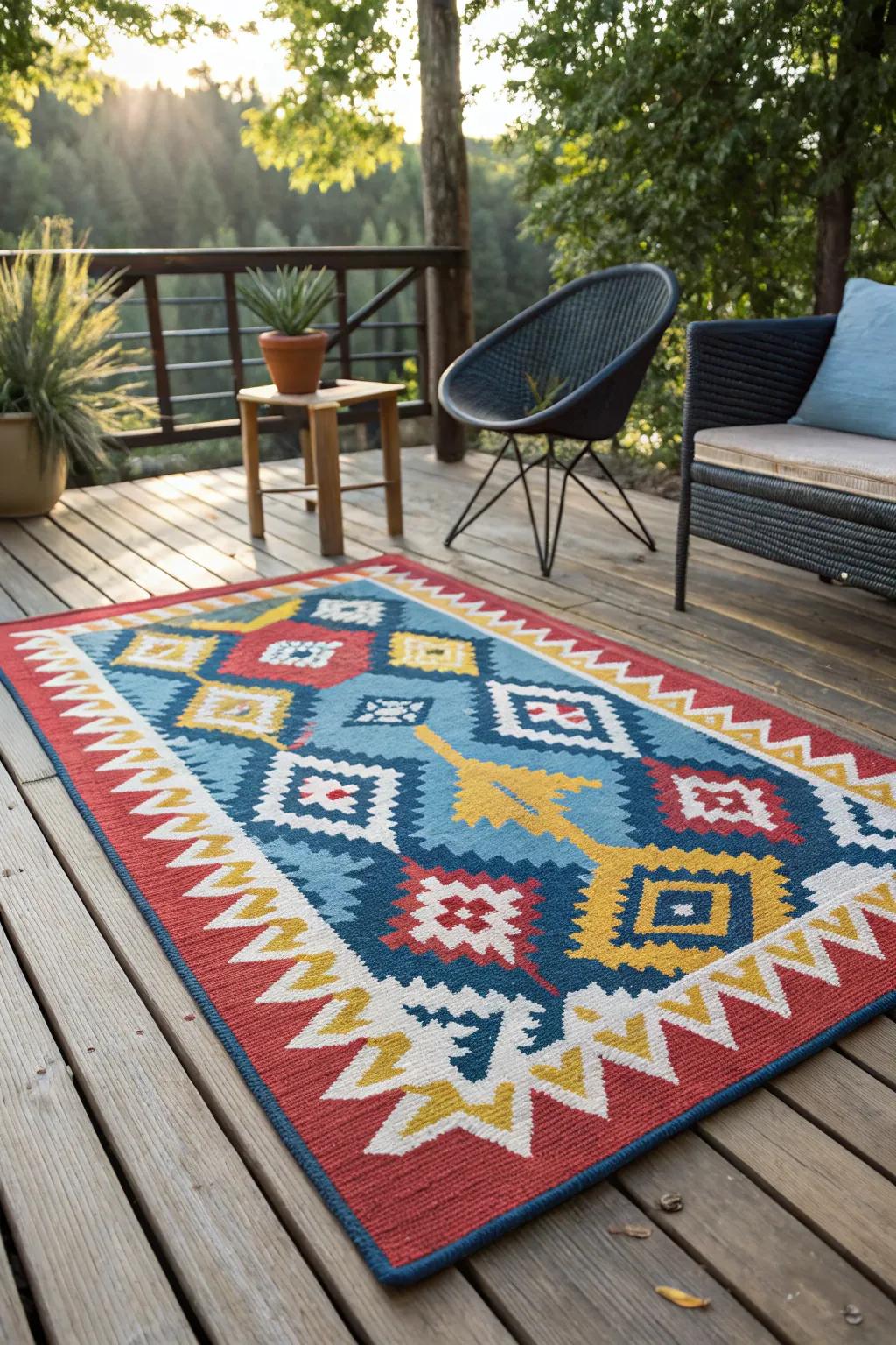 Elevate your outdoor space with a bold and beautiful rug that ties it all together.