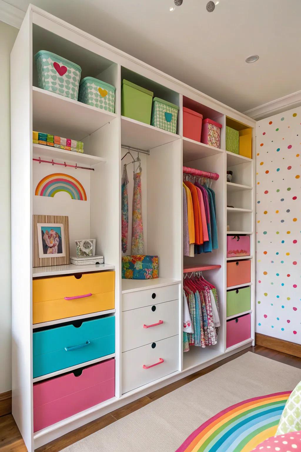 Chromatic interiors bestow a playful element upon this wardrobe blueprint.