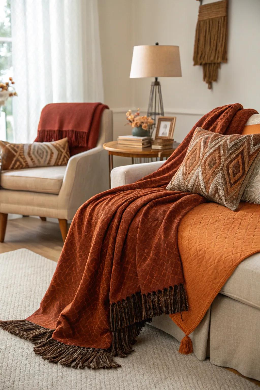 Burnt orange and brown throws deliver warmth and a touch of effortless style.