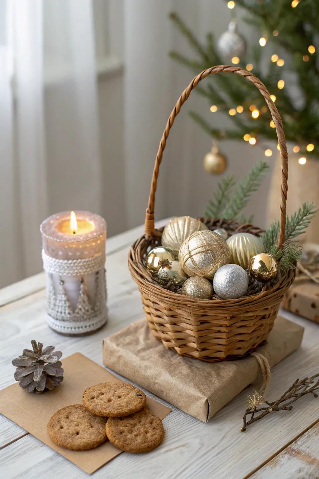 Elevate your festive decor with a charming comfort container filled with festive delights. Best for adding a hint of warmth and elegance!