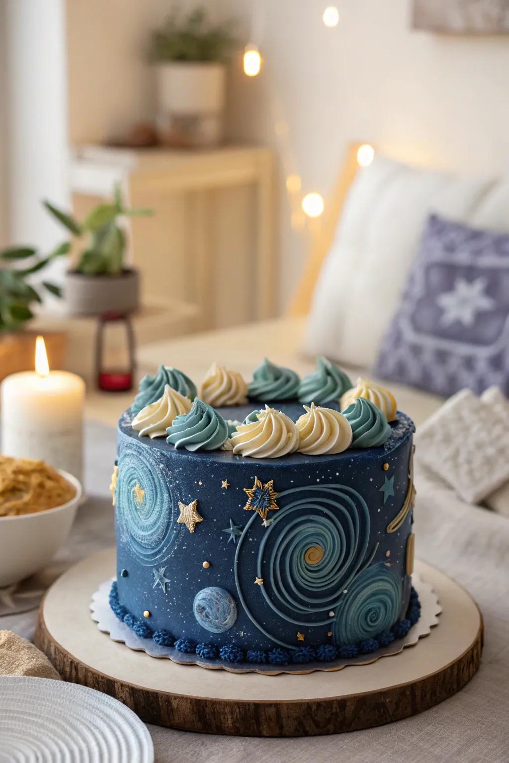 Fanciful ethereal designs expressed in buttercream, crafting a captivating cake