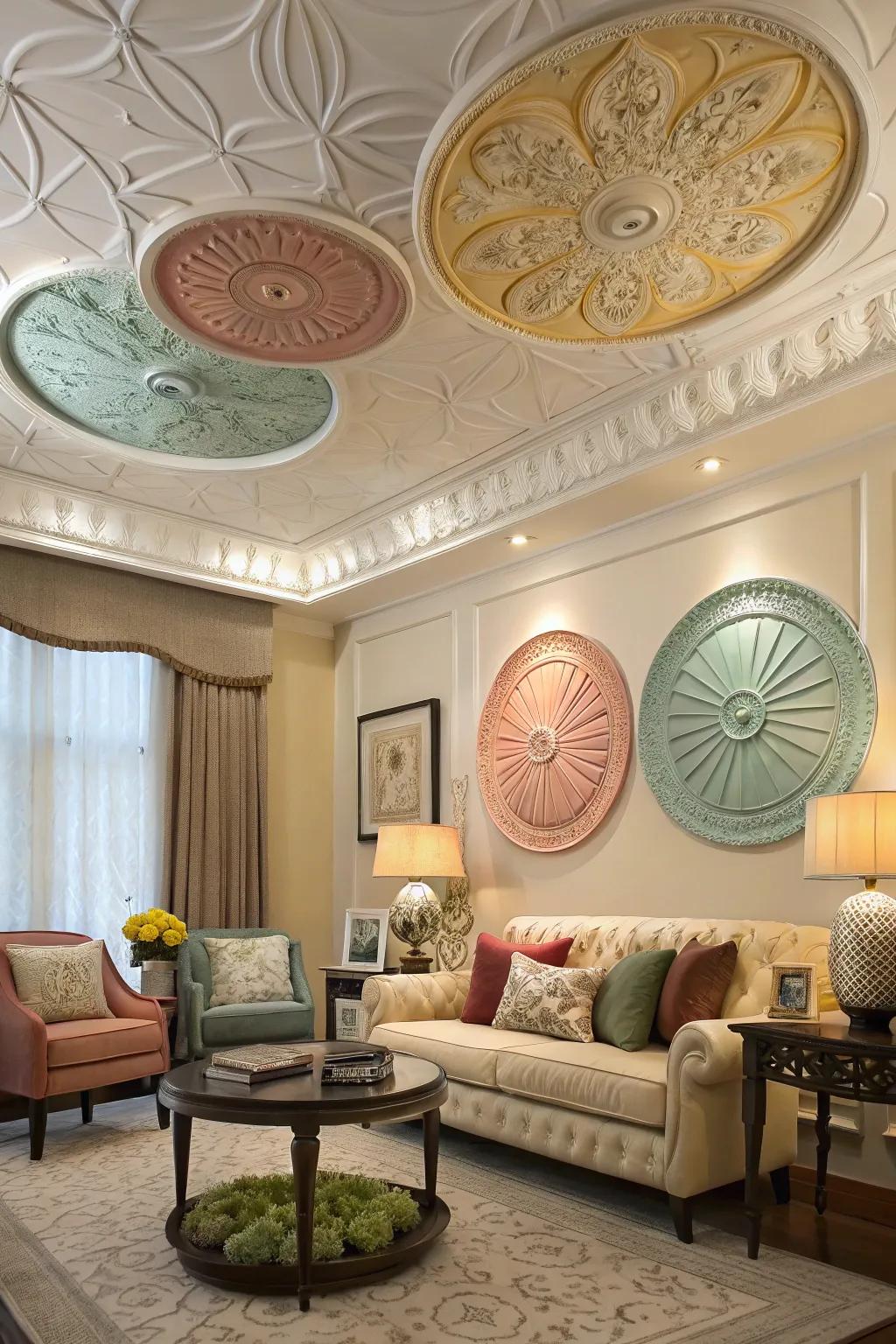 Blending accent styles crafts a unique ceiling statement.