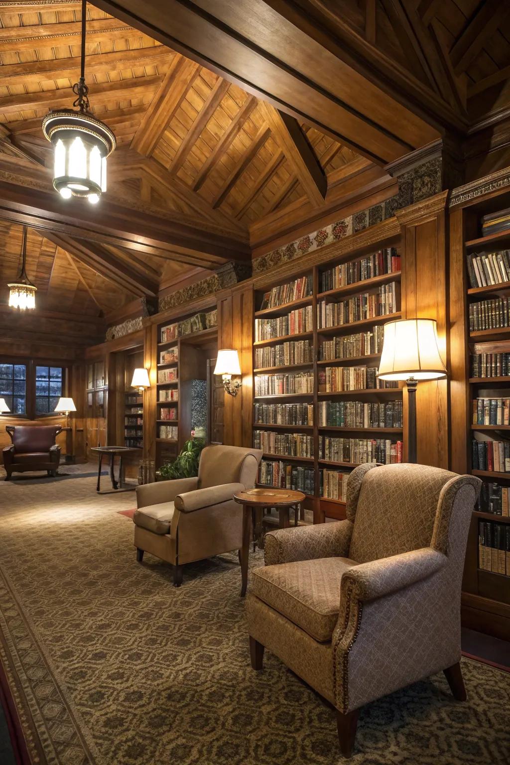 Stained wood ceilings add warmth and sophistication.