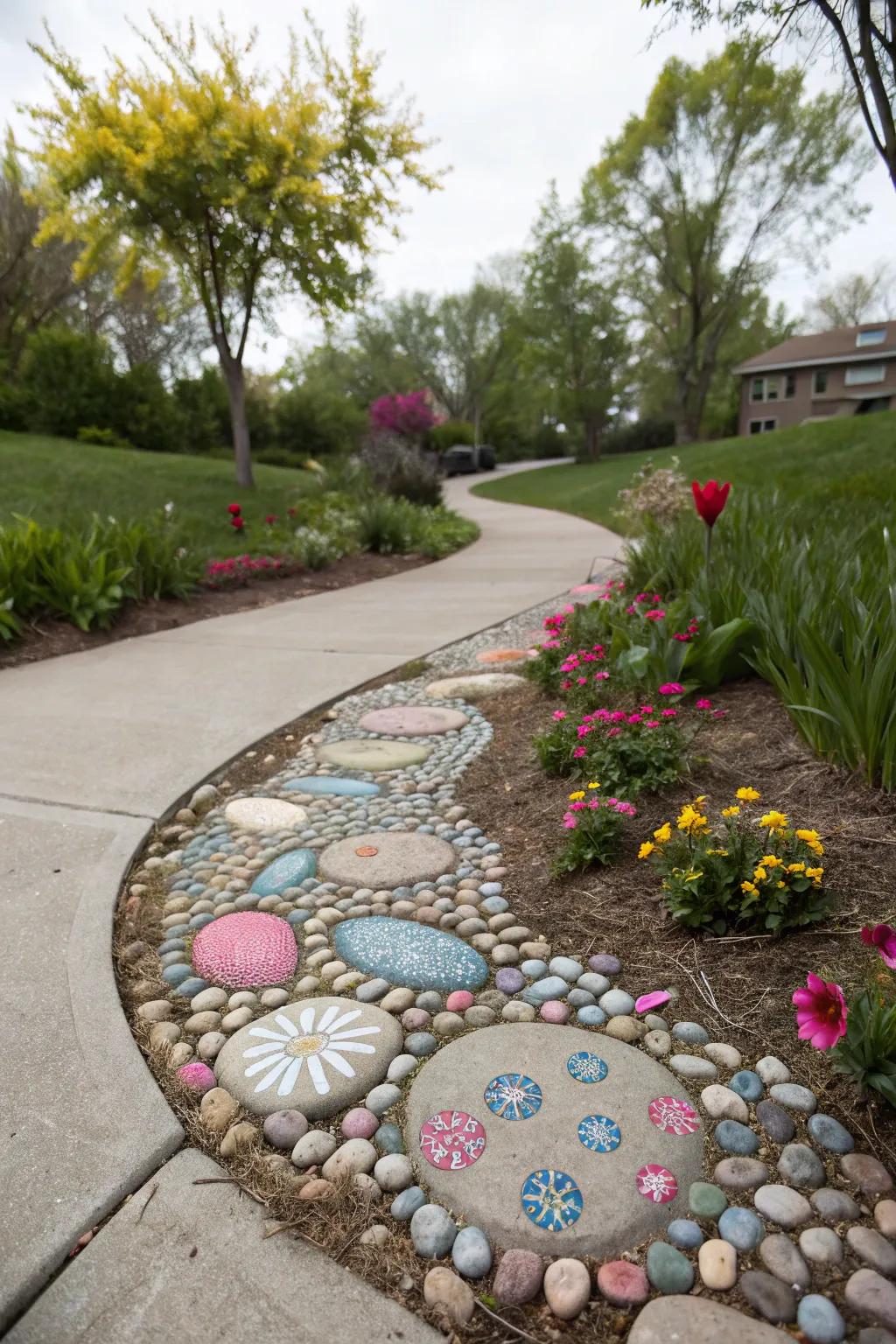 Quirky pebble-filled concrete walkway, adding playful garden charm.