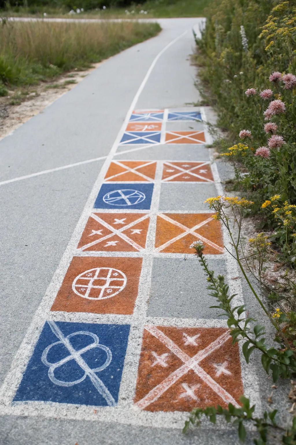 Discover the art of symmetry with this stunning chalk obstacle course, where bold colors meet natural beauty.