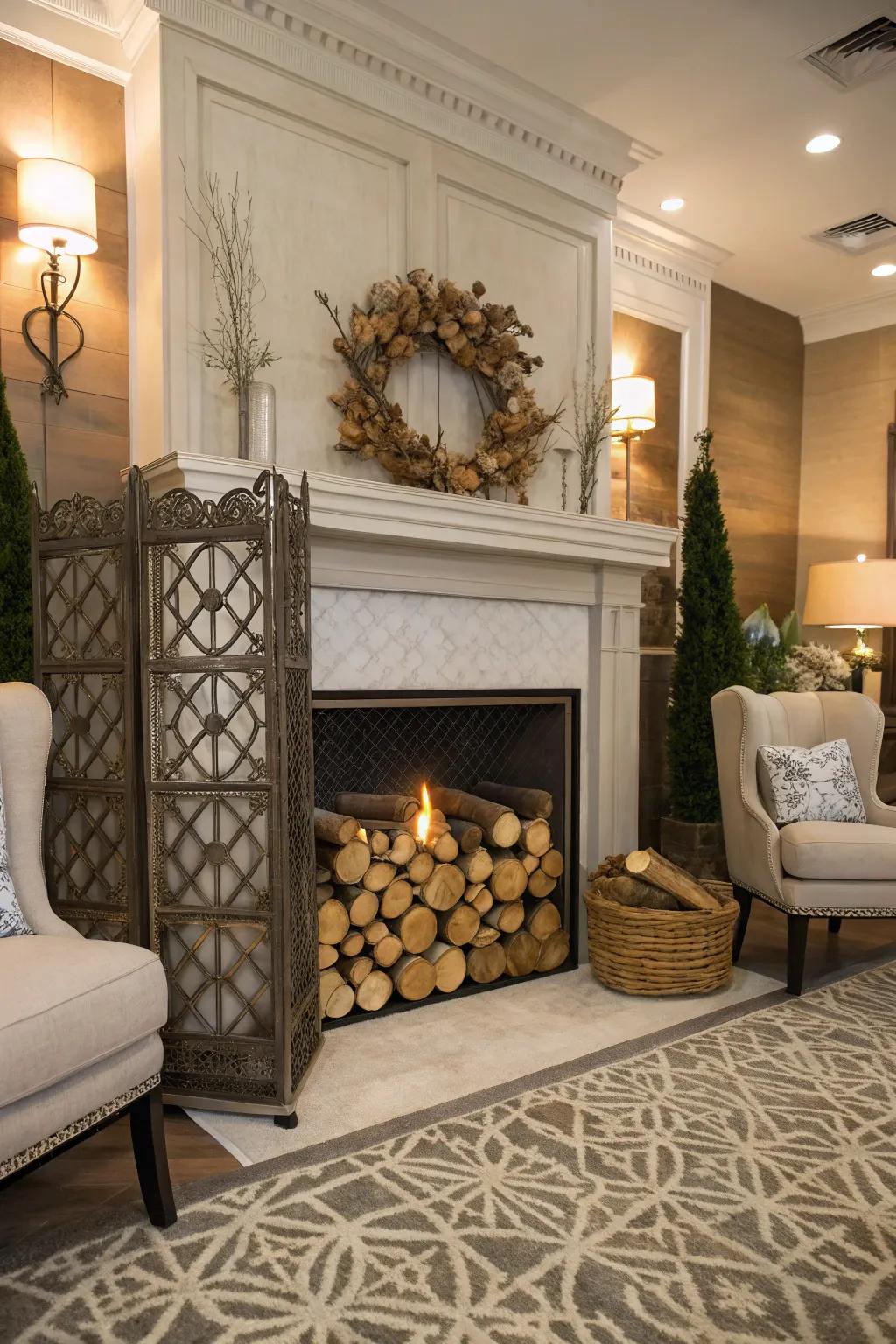 Functional aesthetic encircling the fireplace elevates usability and style.