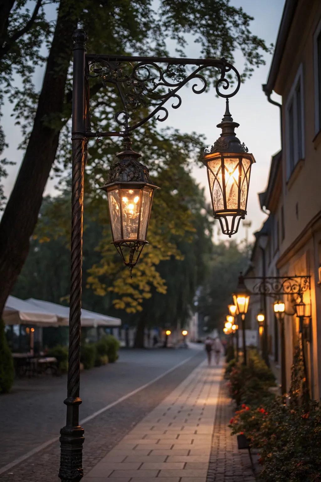 Vintage lanterns infuse timeless allure into a festive lamp post.