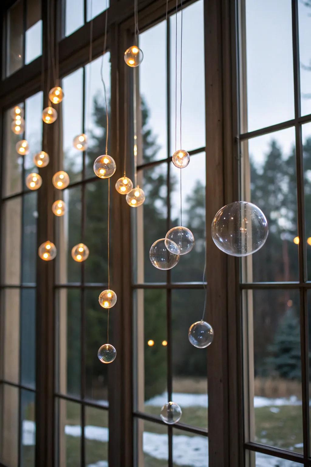 Suspended light orbs create a whimsical, magical window display.