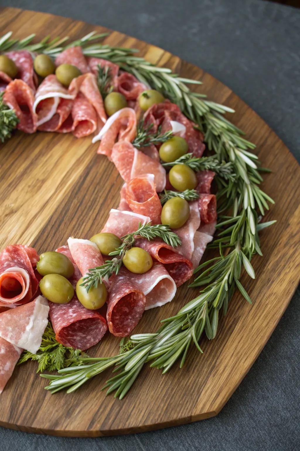 Savory wreath of meats with olives and herbs.