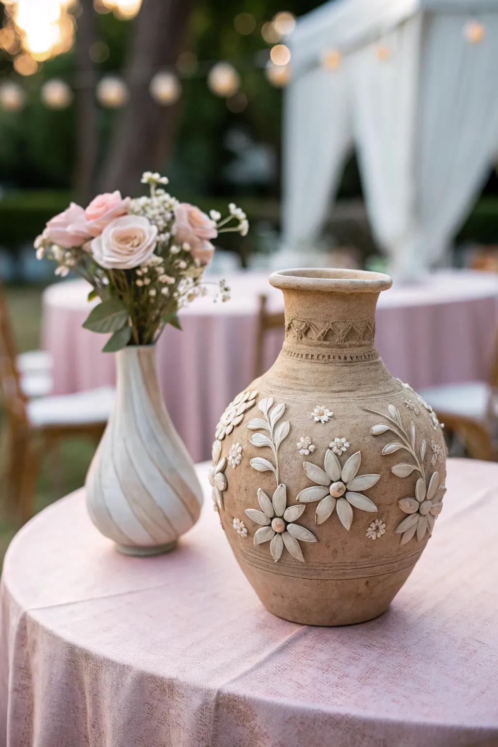 An earthenware flower holder that features floral decorations, adding a romantic sensation to springtime aesthetic.