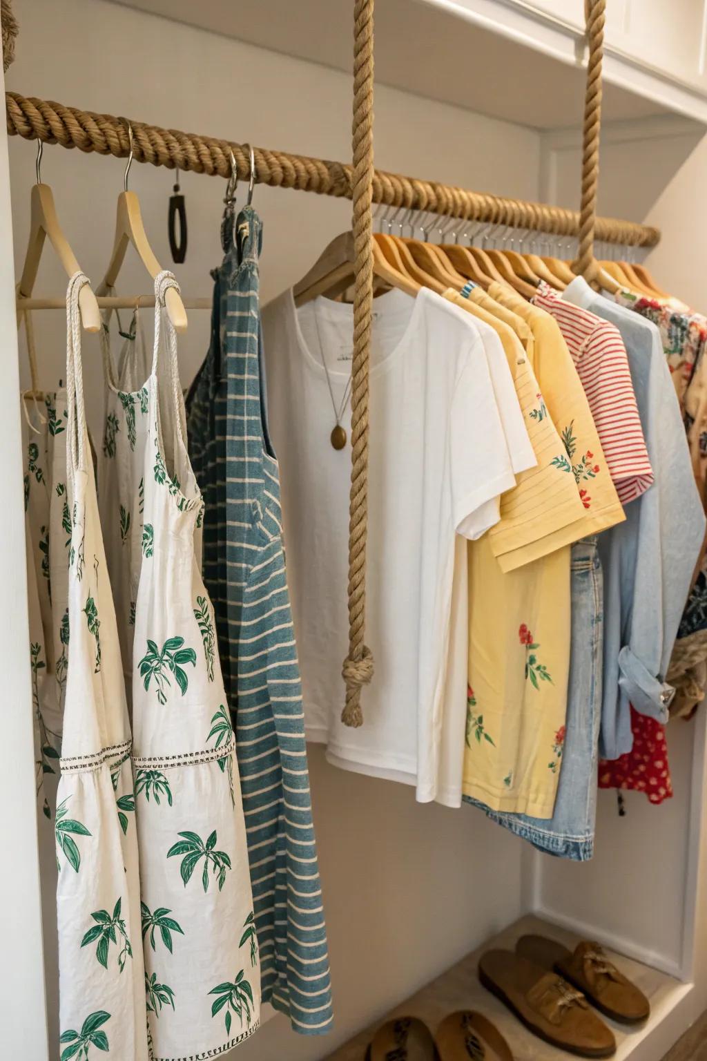 Rope hangers introduce a rustic, bohemian vibe to closet environments.