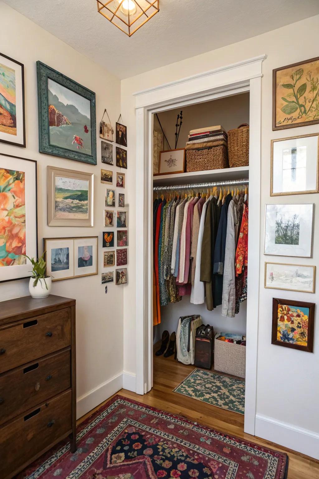 Artwork fills the closet with character and style.