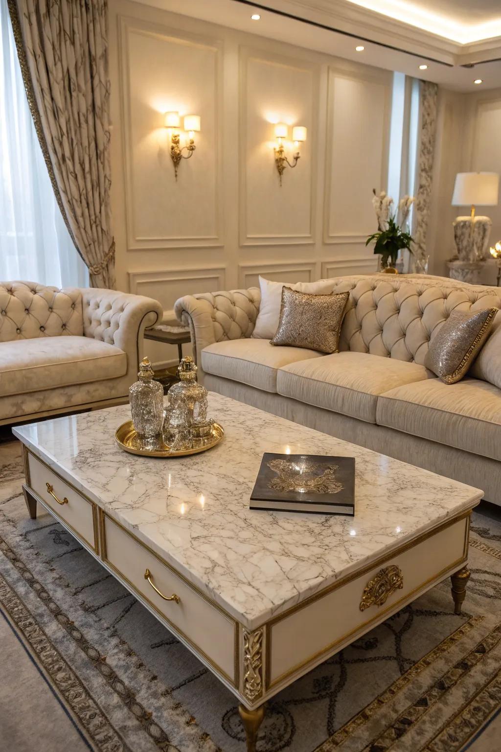 A stone centerpiece table brings luxury and sophistication to a family room.