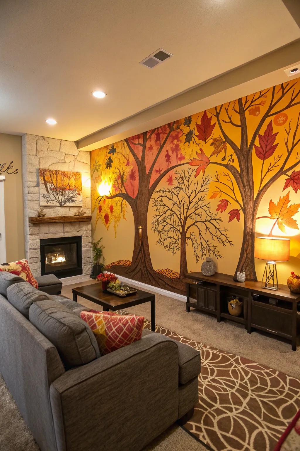 A cozy living room with holiday graffiti art mirroring autumn hues.