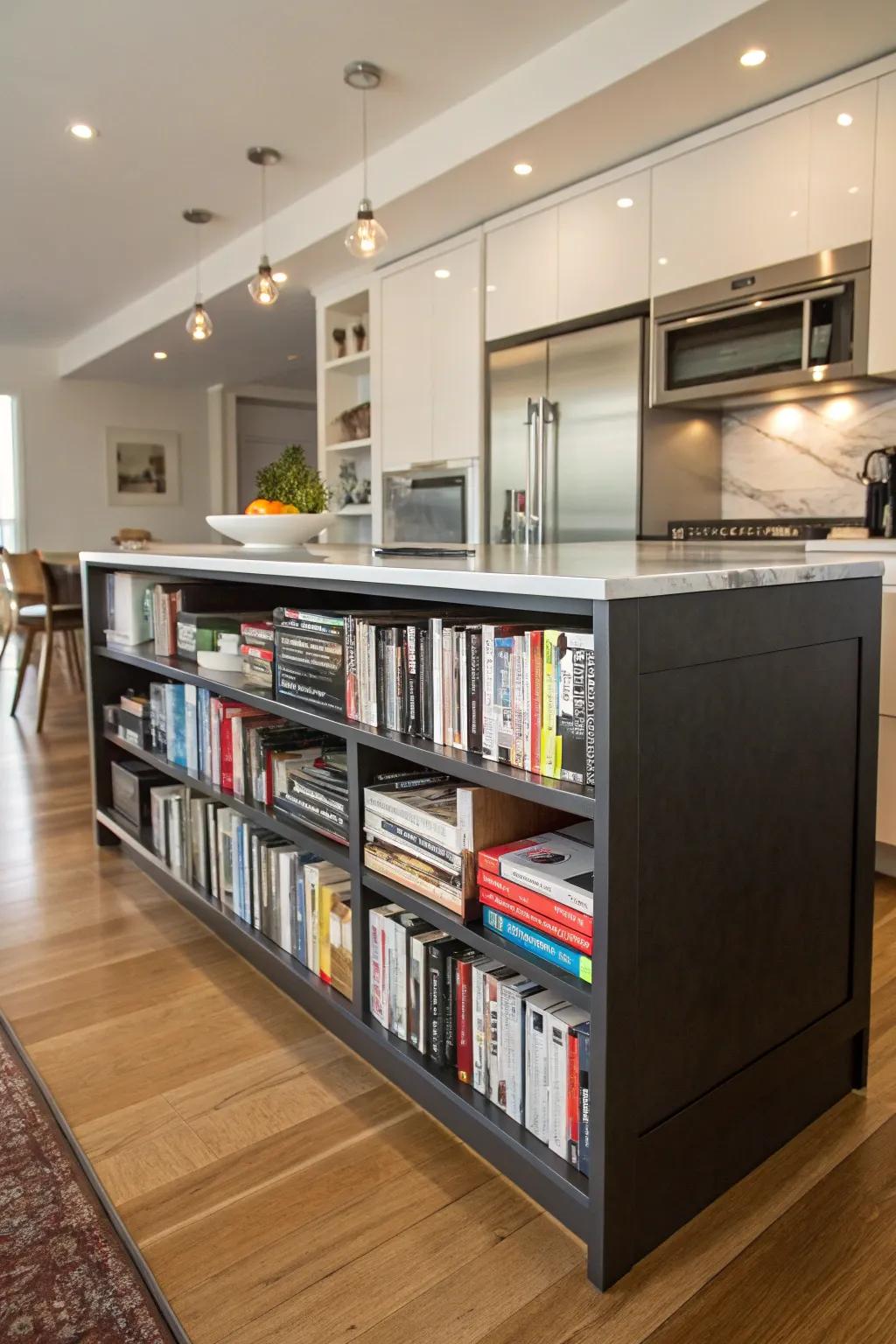 A kitchen isle with shelves offers simple access to cookbooks.