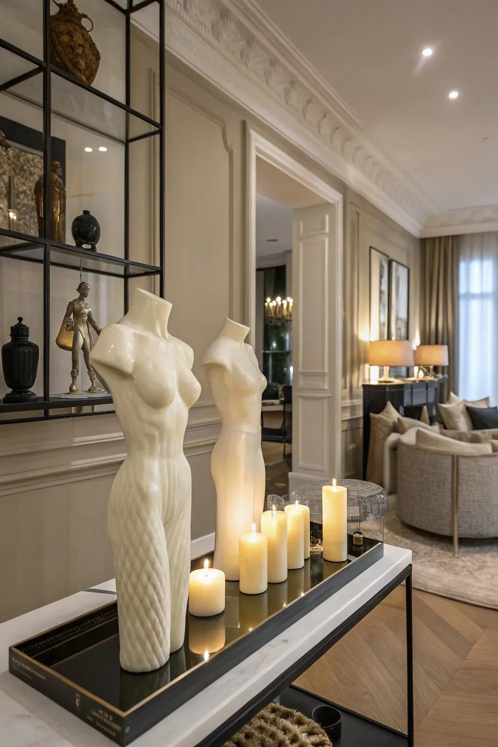 Shaped wax forms deliver a current artistic feature.