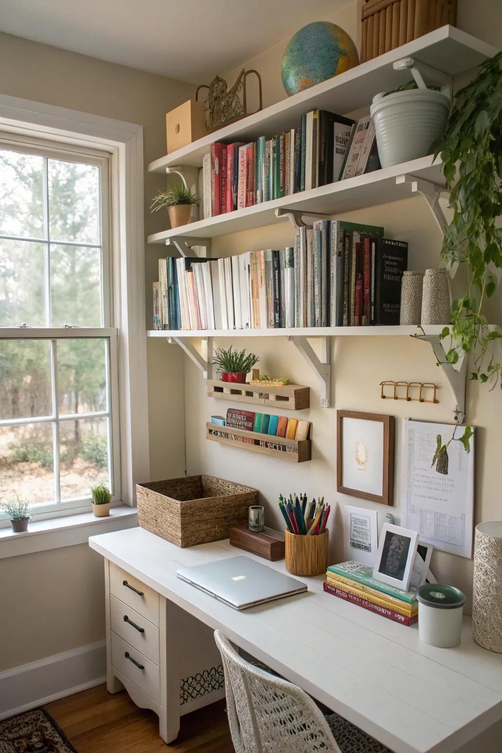 Support shelves provide practical storage solutions in home offices.
