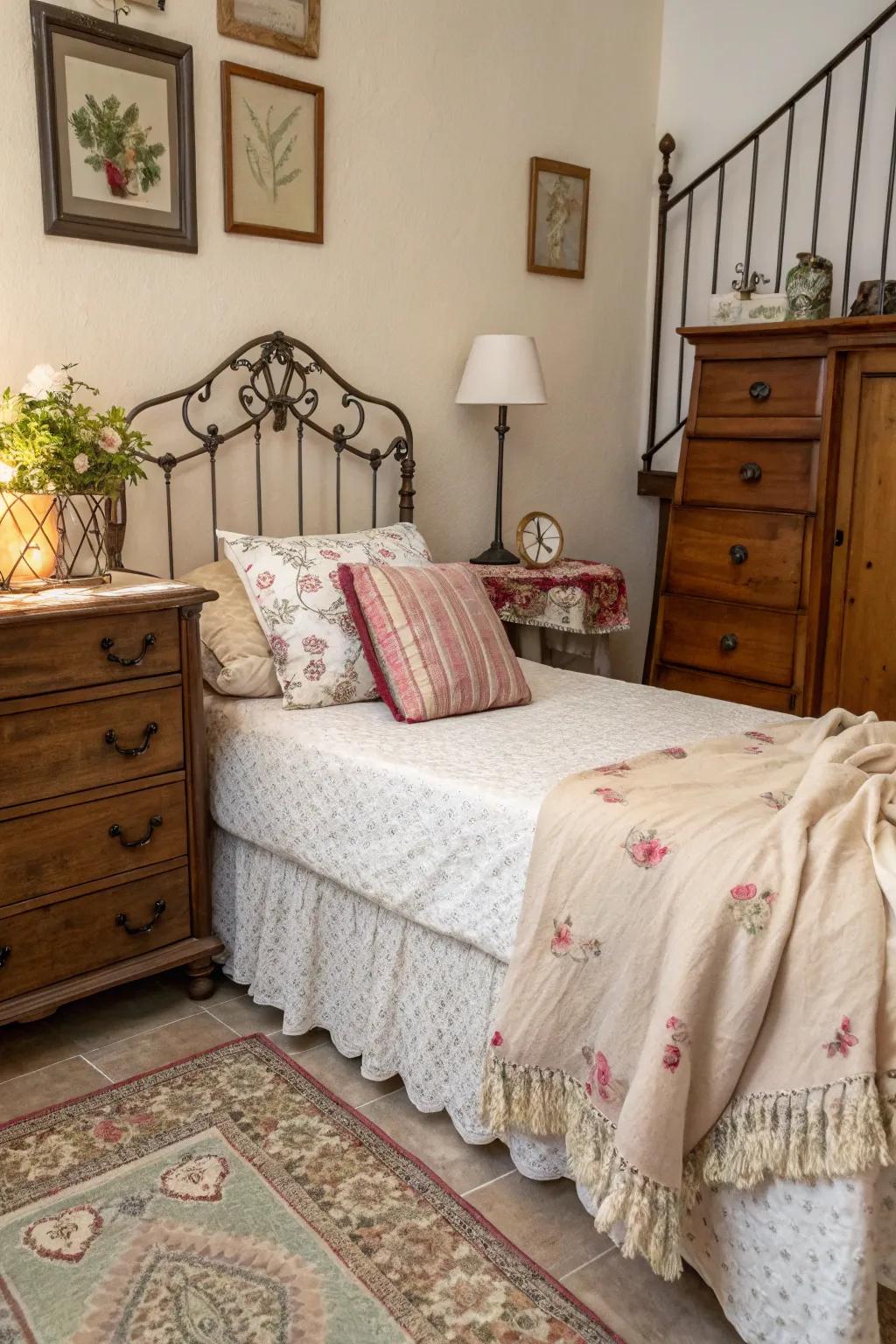 Vintage furniture adds charm and character to a corner bed.