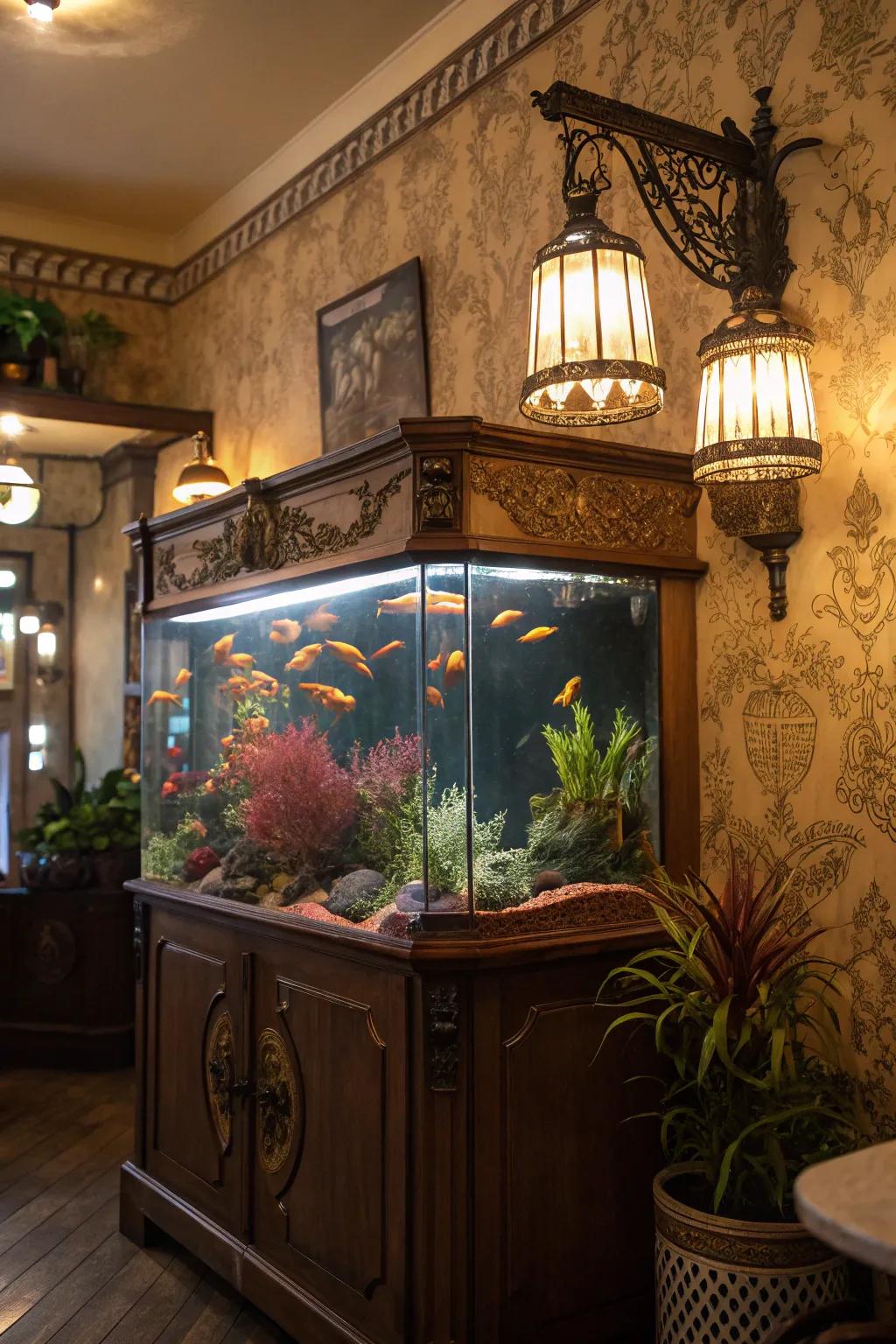 Vintage elements contribute charm and character to your fish tank.