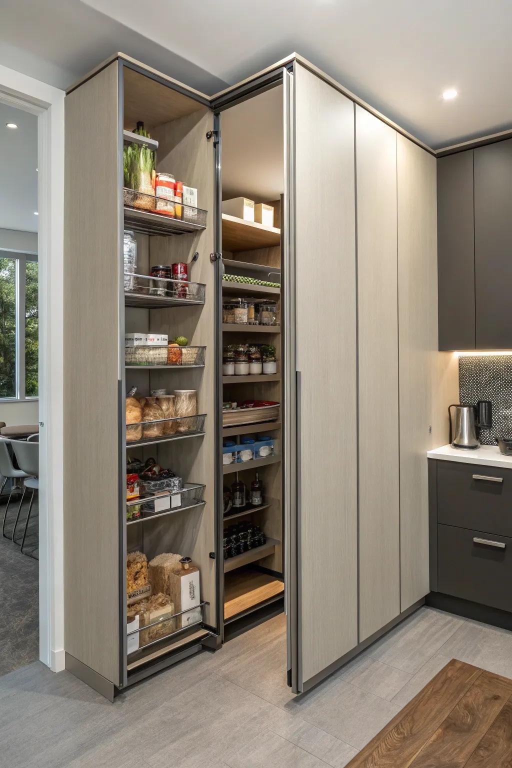 Sliding accesses on a corner pantry for a modern touch.