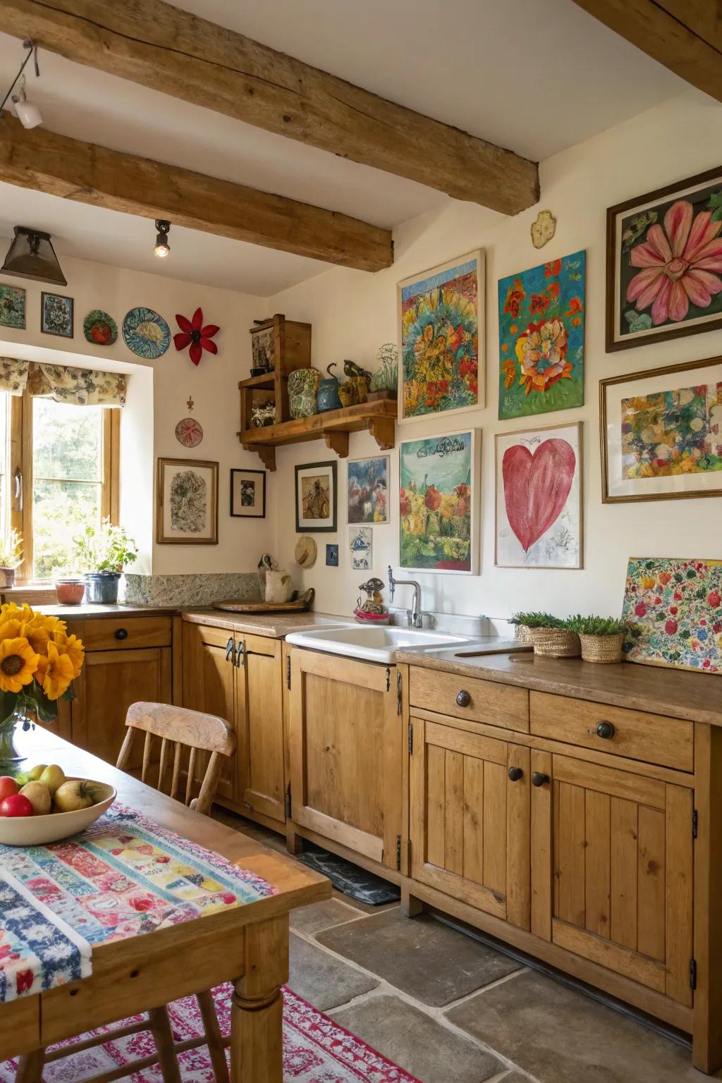 Art introduces a personal touch to this colorful countryside cooking area.