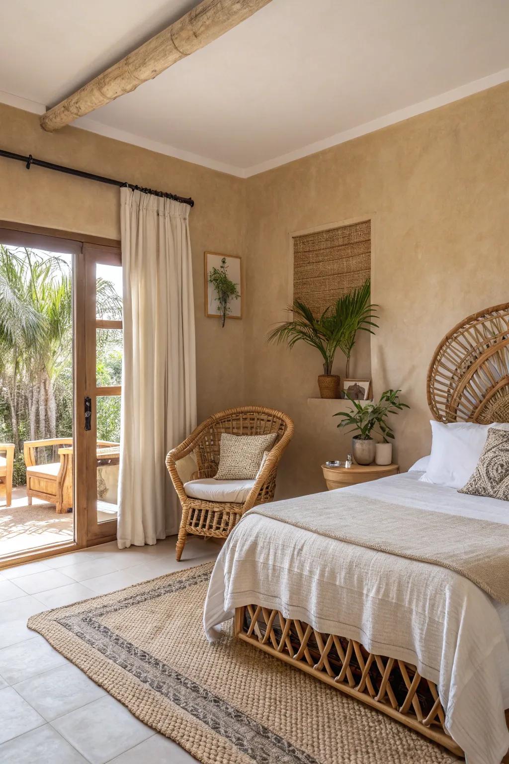 A bedroom spotlighting wicker fixtures for an airy and cohesive aesthetic.