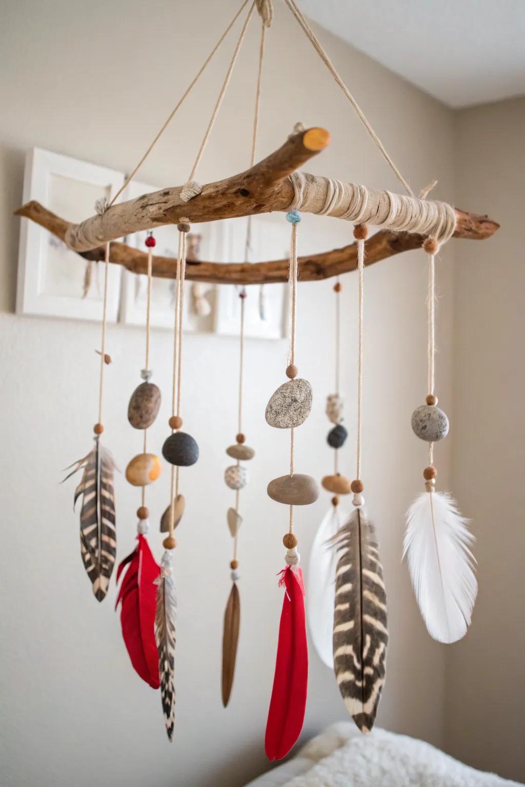 With a dash of nature's enchantment, transform your space&mdash;this handcrafted mobile combines simplicity with striking hues for a serene and fashionable design.