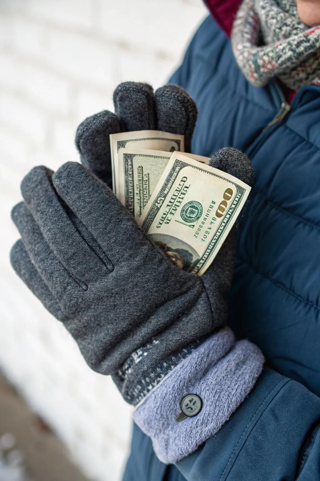Winter handwear using a concealed currency surprise.