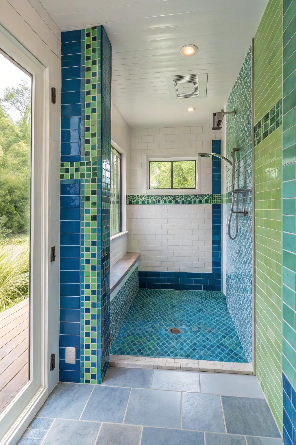Bold color accents bring energy and personality to this curbless shower.