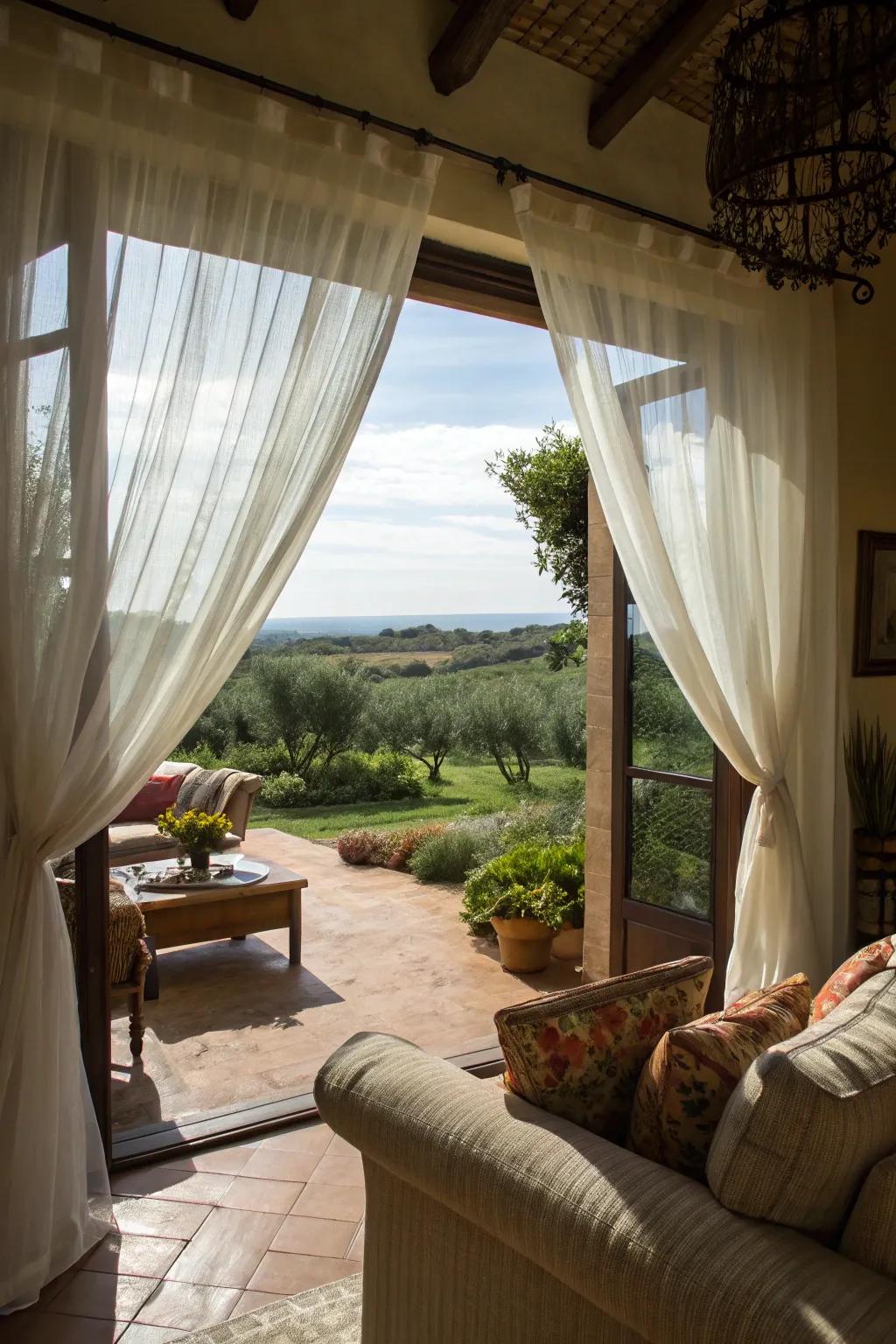 Delicate sheers beautifully frame outdoor views.