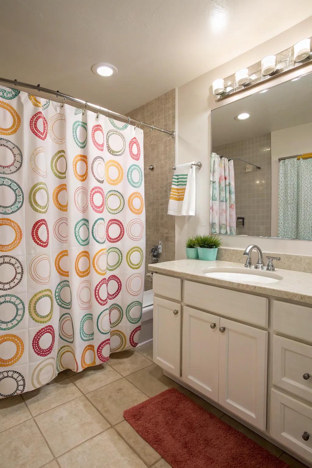 Patterned shower curtain rings add a playful and fun touch to your restroom.