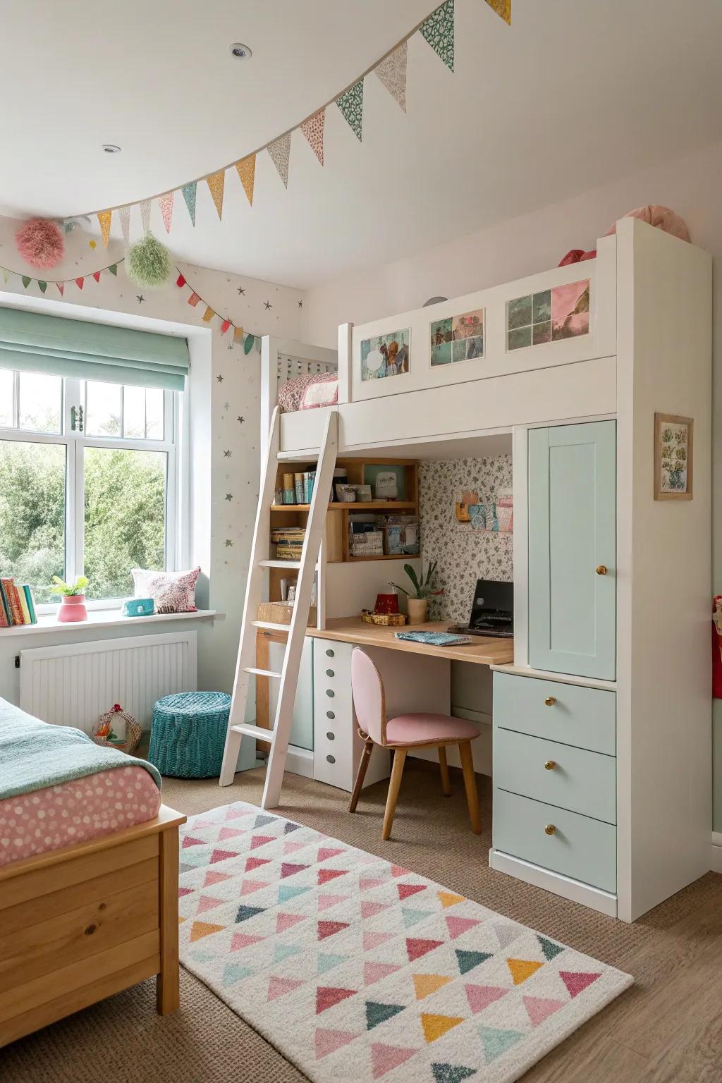Adaptable room furnishings evolve with the sisters and keep the room versatile.