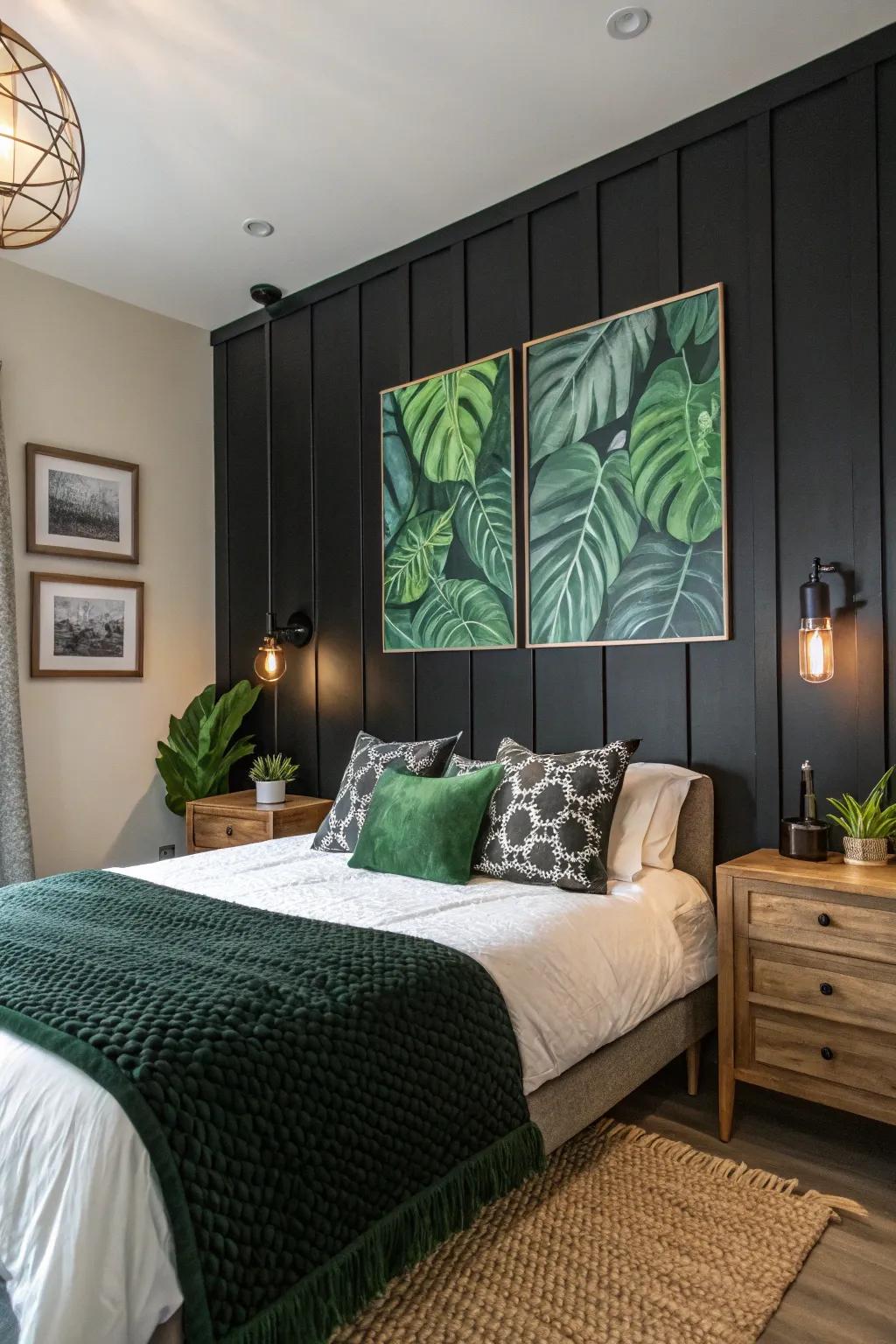 A black accent wall provides a dramatic focal point.