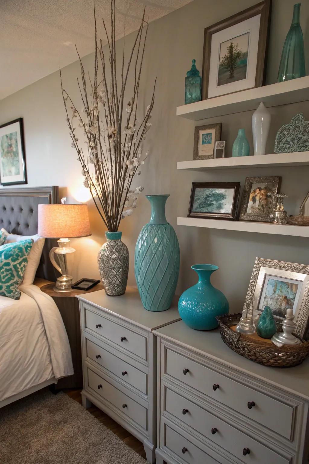 Accessories in teal and grey complete the cohesive design.