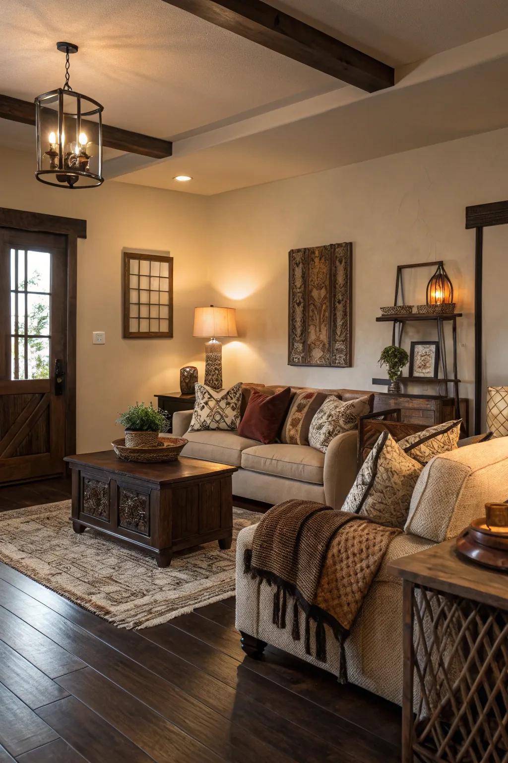 Earthy tones enhance the natural depth of <strong>dark wood floors</strong>.&rdquo; loading=&rdquo;lazy&rdquo; class=&rdquo;pimg&rdquo;>
	</picture><figcaption>Earthy tones enhance the natural depth of <strong>dark wood floors</strong>.</figcaption></figure>
<p>Earthy tones like fired clay or amber can fabricate a warm and welcoming ambiance. These hues harmonize with the natural depth of <strong>dark wood floors</strong>.</p>
<h3>Try these:</h3>
<ul class=