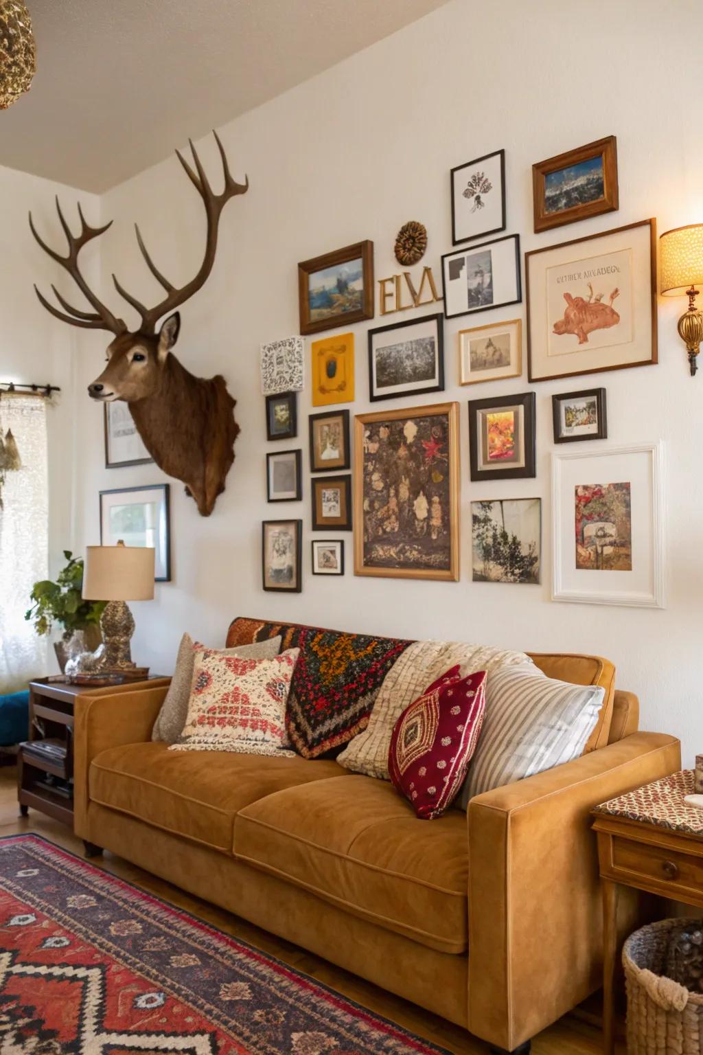 A varied feature wall featuring deer antlers infuses charm into a bohemian living space.
