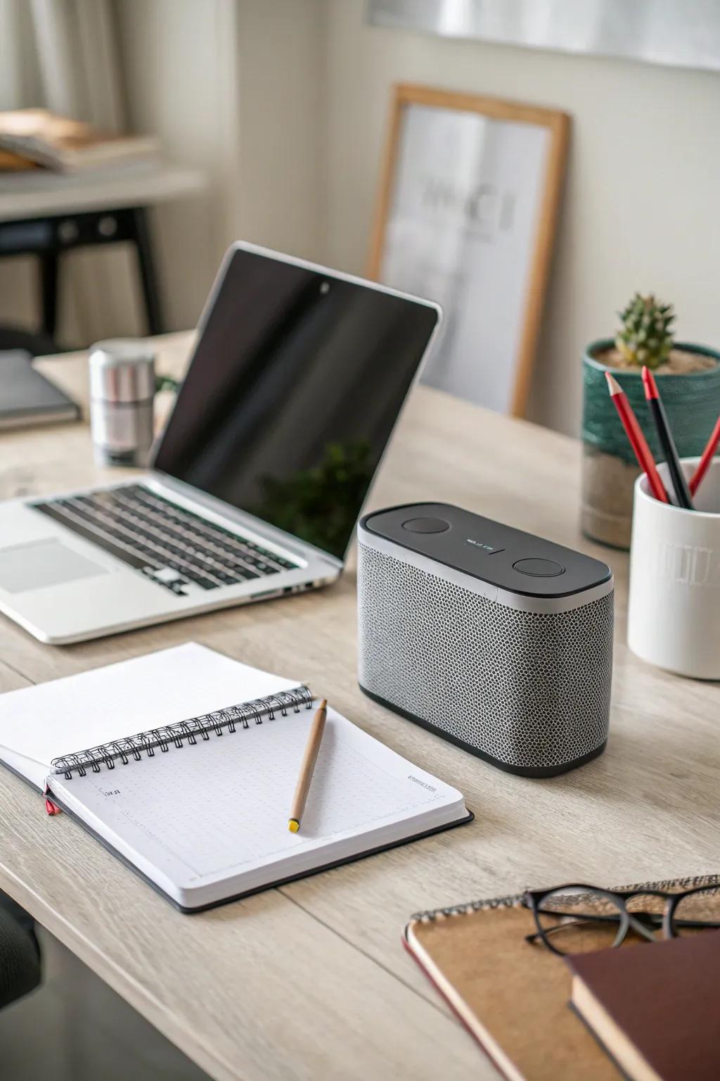 A Bluetooth speaker enhances the ambiance.