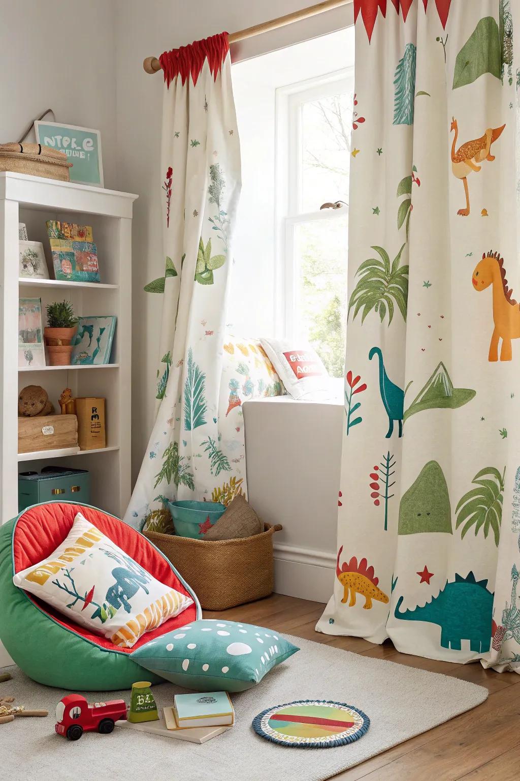 Dinosaur-themed curtains that put the finishing touches to the room&rsquo;s decor.
