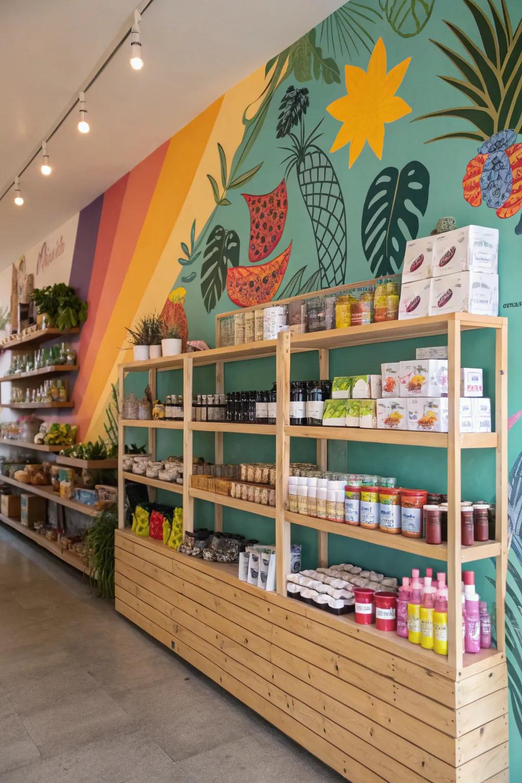 Colorful backdrops add flair to shelves.