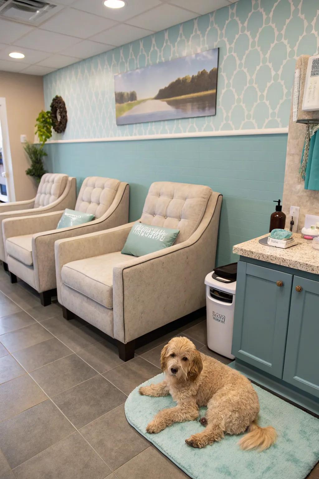 A calming waiting area with opulent seating and refreshments.