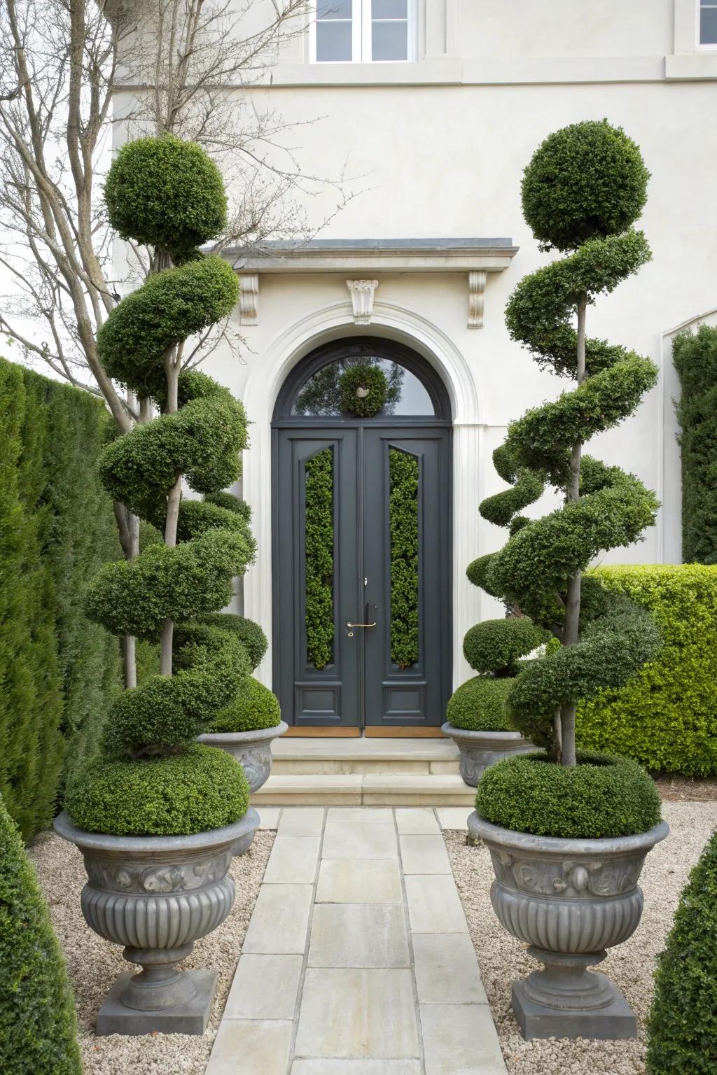 Add structure and elegance with topiary displays.