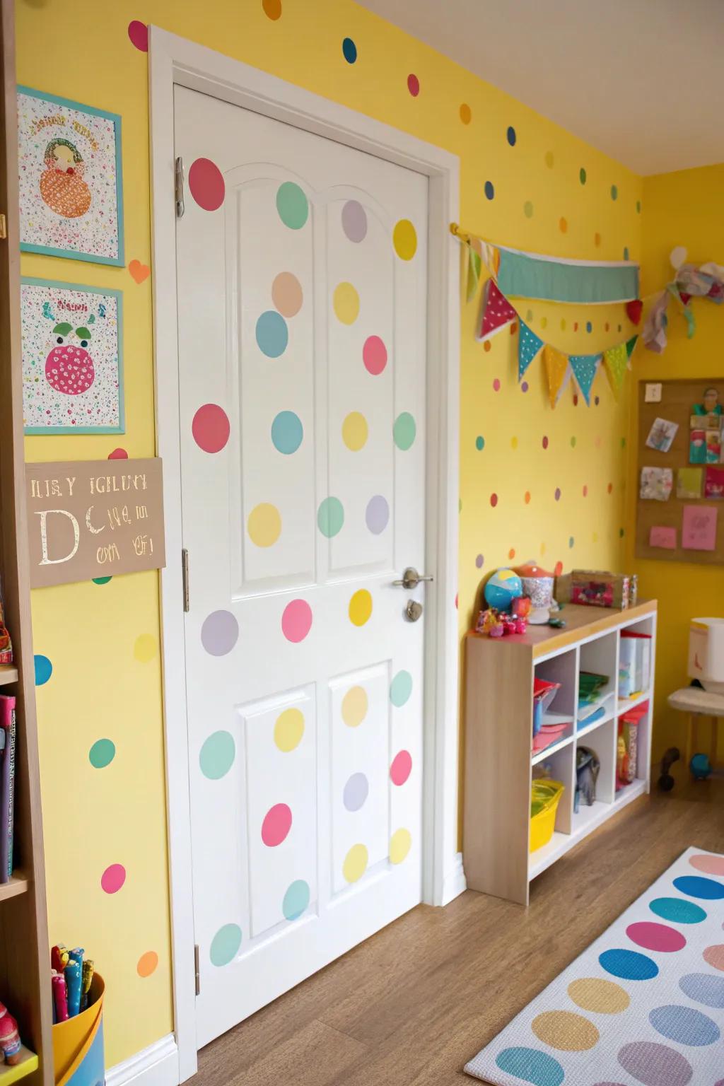 Playful charm with circular mark panels.