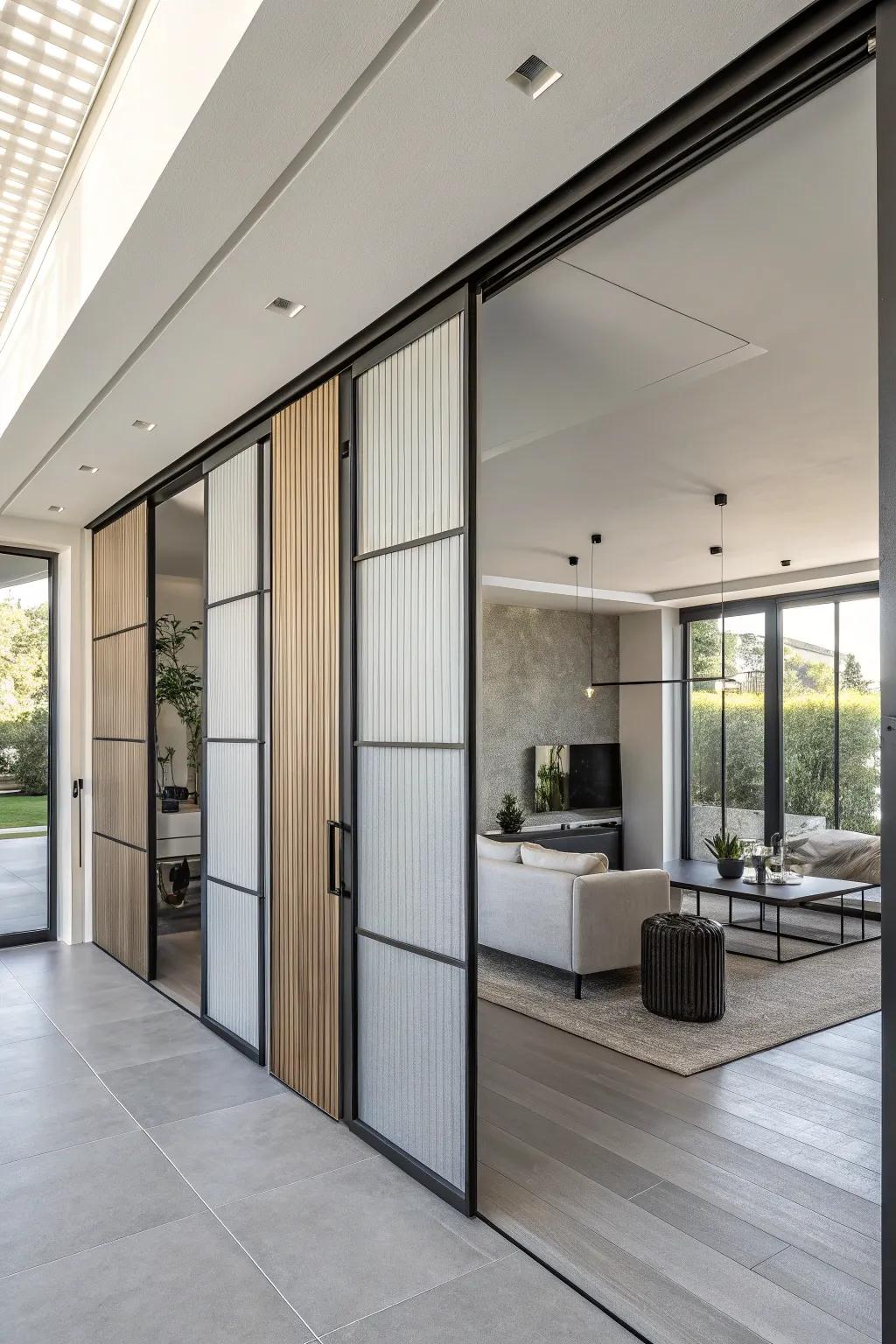 Surprise with innovative perpendicular gliding doors.