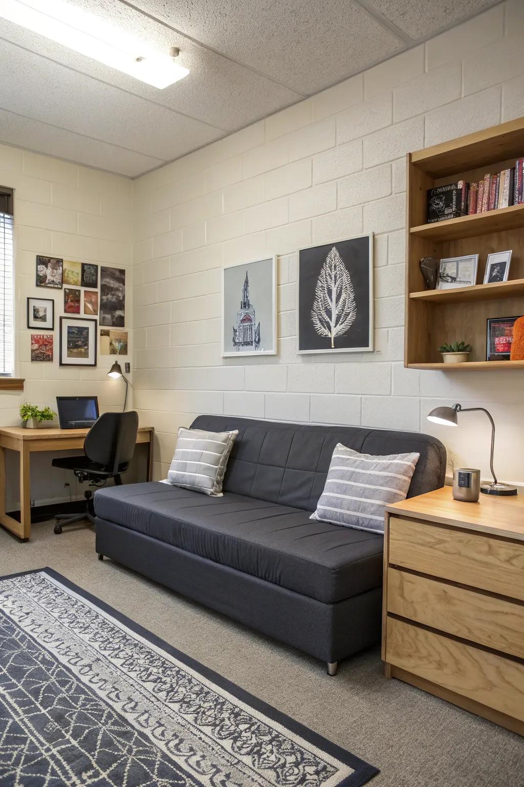 Simple lines giving this sofa a minimalist touch in a stylish dorm room.