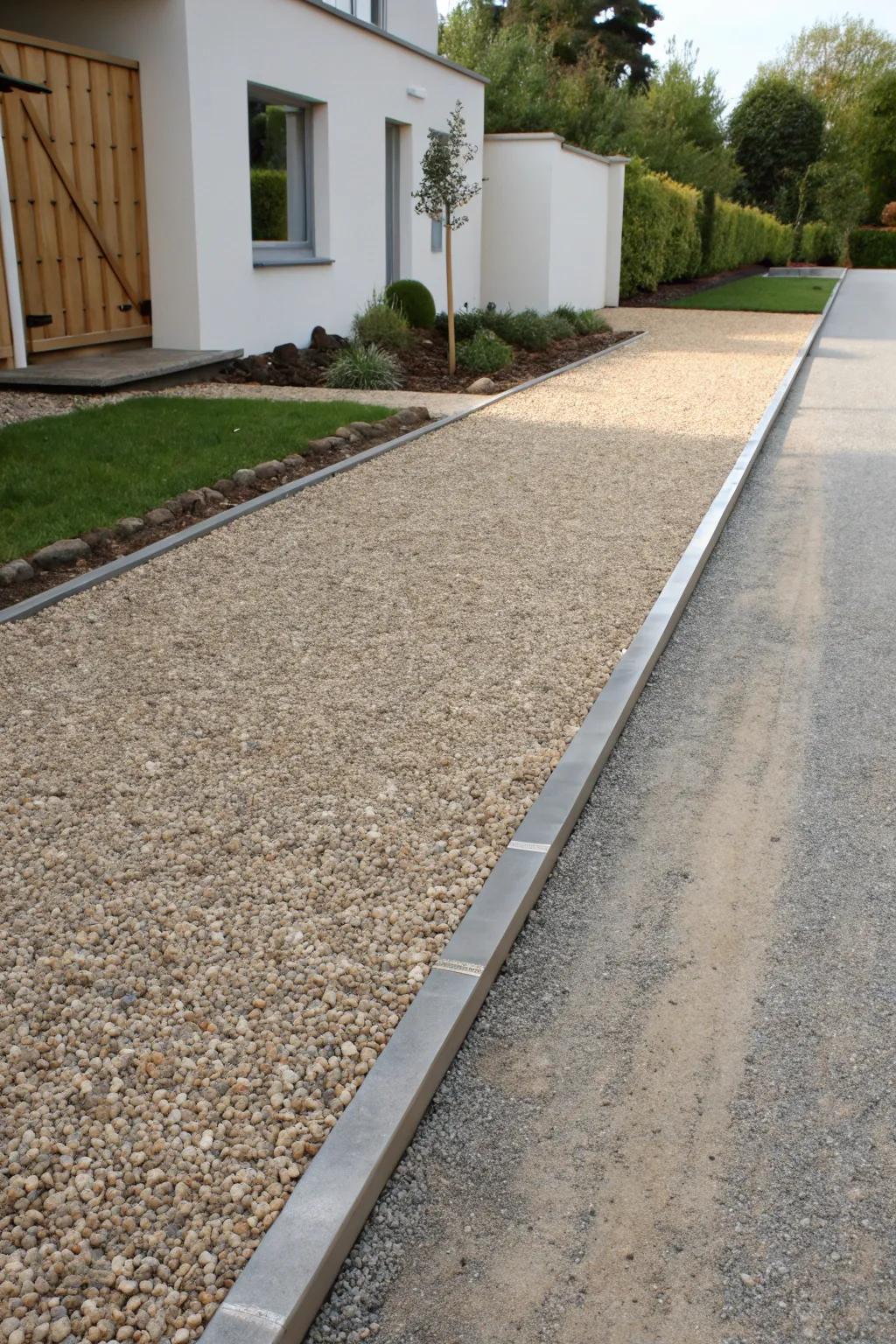 Steel borders bestow a clear, modern style to gravel driveways.